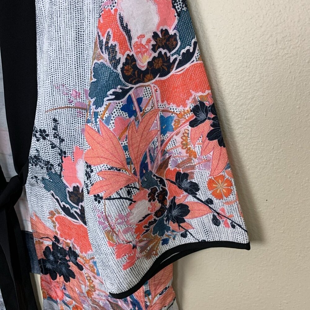 IC By Connie K Womens S Kimono Cardigan Floral Artsy Tie Asian Jacket Tunic Top - Picture 5 of 13